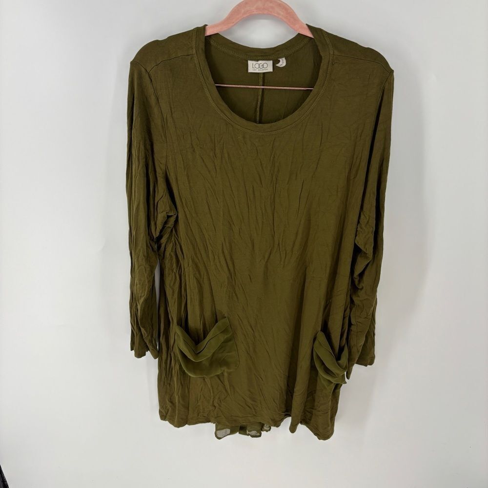 LOGO by Lori Goldstein Olive Green Tunic Blouse Women's Size 1x Rayon Spandex